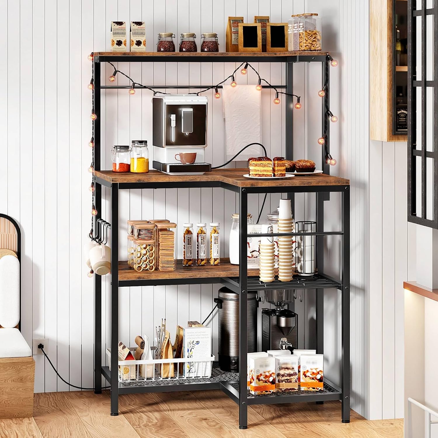 HOOBRO L-Shaped Bakers Rack with Power Outlet, 4-Tier Corner Microwave Stand with Storage, Coffee Bar Station with 8 Hooks, Kitchen Shelf Rack, 2 Installation Methods, Rustic Brown and Black BF20UHB01