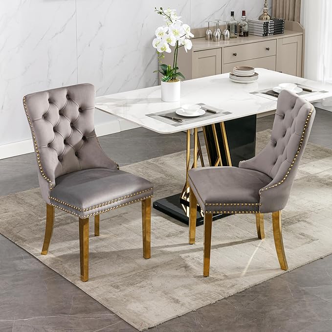 Mid Century Modern Dining Chairs Set of 6, Grey Velvet Upholstered Tufted Back, Kitchen & Dining Room Chairs, Gold Metal Legs, Nailhead Trim, Sillas para Comedor (Gray, 6 Pcs)