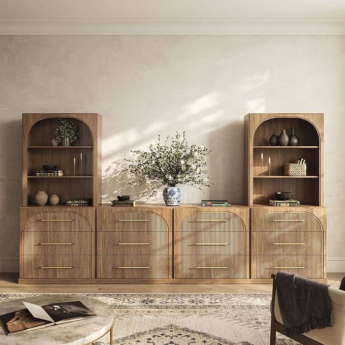 BELLEZE 6-Piece Modular TV Stand Set - 4 Sideboards with Drawers and 2 Storage Hutch, Classic Modern Media Console Table Cabinet for Living Room (Camel)