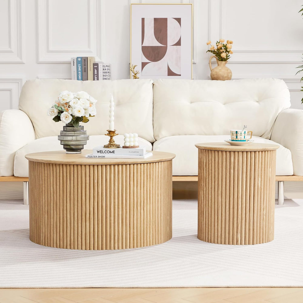 Fluted Round Nesting Coffee Table Set of 2 Circle Center Tables Living Room |...
