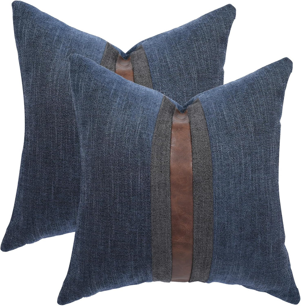 Set of 2 Leather Throw Pillow Covers Cotton Linen Decor Patchwork Pillow Cove...