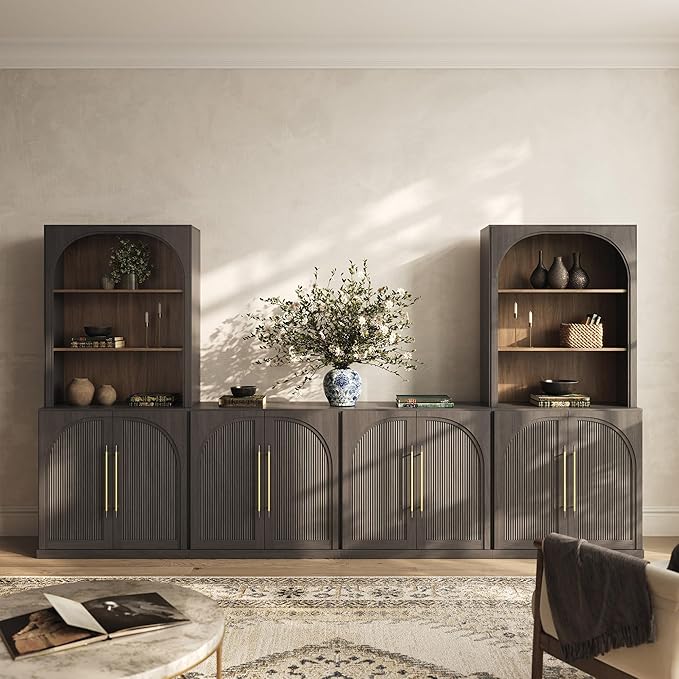 BELLEZE 6-Piece Modular TV Stand, Entertainment Center with Double-Arc Wood Door and Storage Hutch Cabinets, Classic Modern Media Console Table for Living Room Dining Room (Ebony)