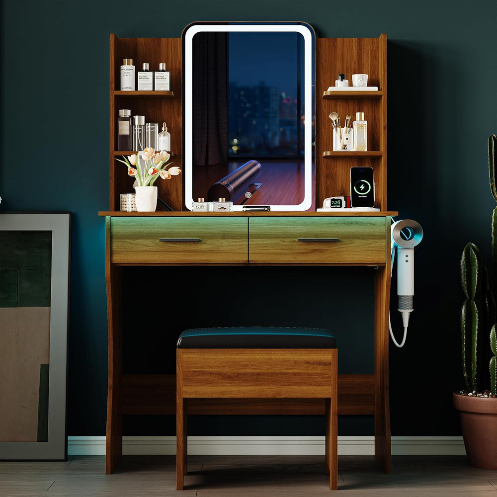 Vanity Desk with LED Lights Mirror & Power Outlet, Small Makeup Vanity Ta...