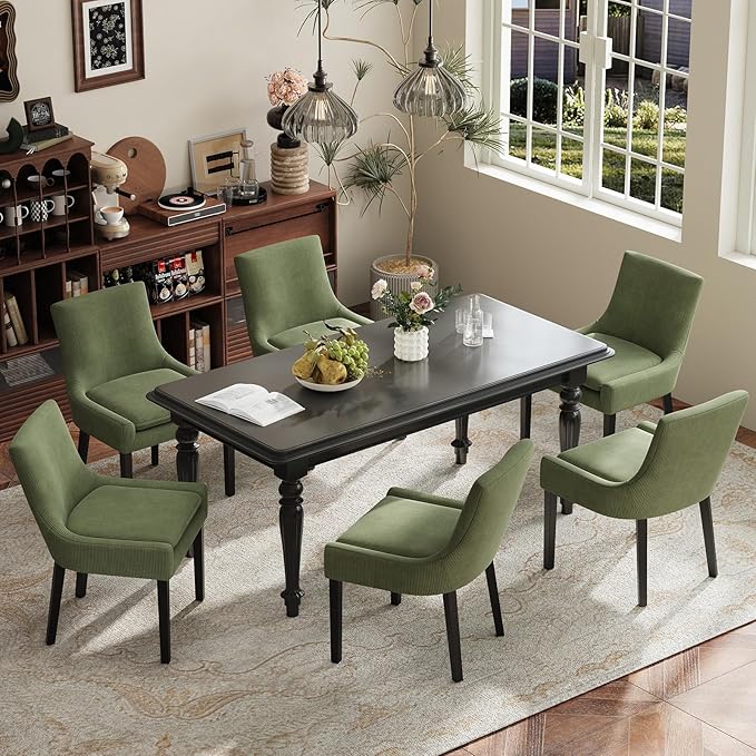 Dining Chairs Set of 2, Upholstered Corduroy Dining Room Chair with Wood Legs, Mid-Back Padded Kitchen Side Chairs for Dining Room, Green