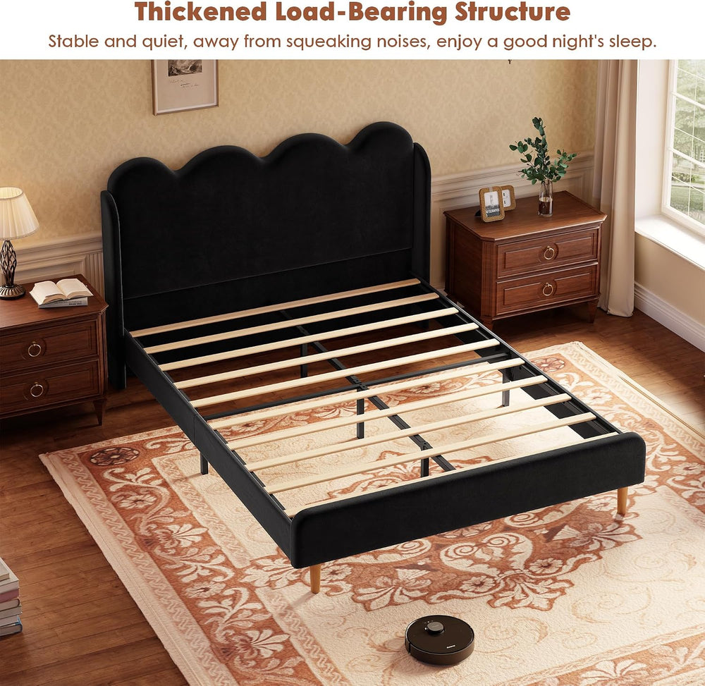 Garvee Chenille Upholstered Full Size Bed Frame, Wingback Design, Black
