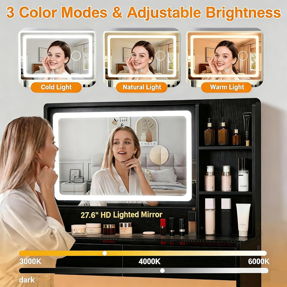 Makeup Vanity Desk with Smart LED Mirror & RGB Lights, Glass Top Peach Mo...
