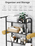 3-Tier Over The Toilet Storage Shelf，Bathroom Organizers and Storage Over Toilet，Metal Bathroom Space Saver with 2 Bars，1 Paper Holder and 4 Hooks,Black