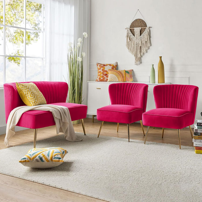 HULALA HOME 3 Piece Velvet Living Room Furniture Set, Modern Comfy Upholstered Chair Set with Golden Legs, include Loveseat & 2 Accent Chairs for Bedroom, FUCHSIA Tufted 2-Seater Sofa & Armless Chairs