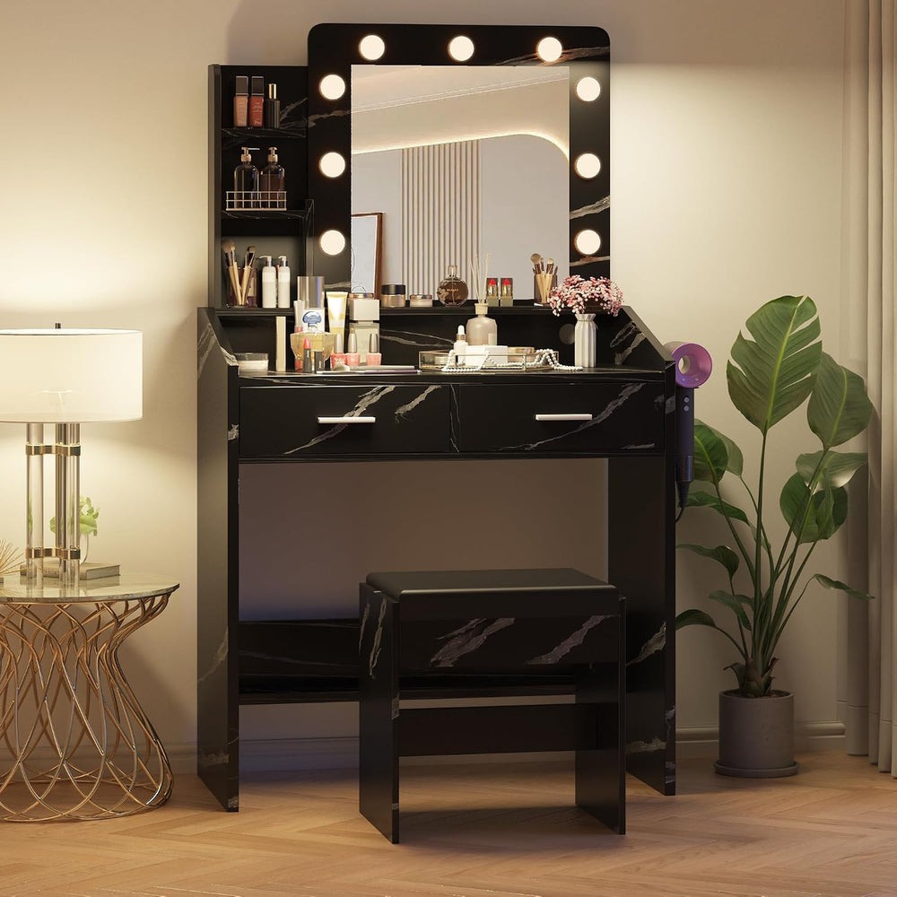 Patikuin Vanity Desk with Mirror and Lights for Bedroom, Marble Black Modern ...