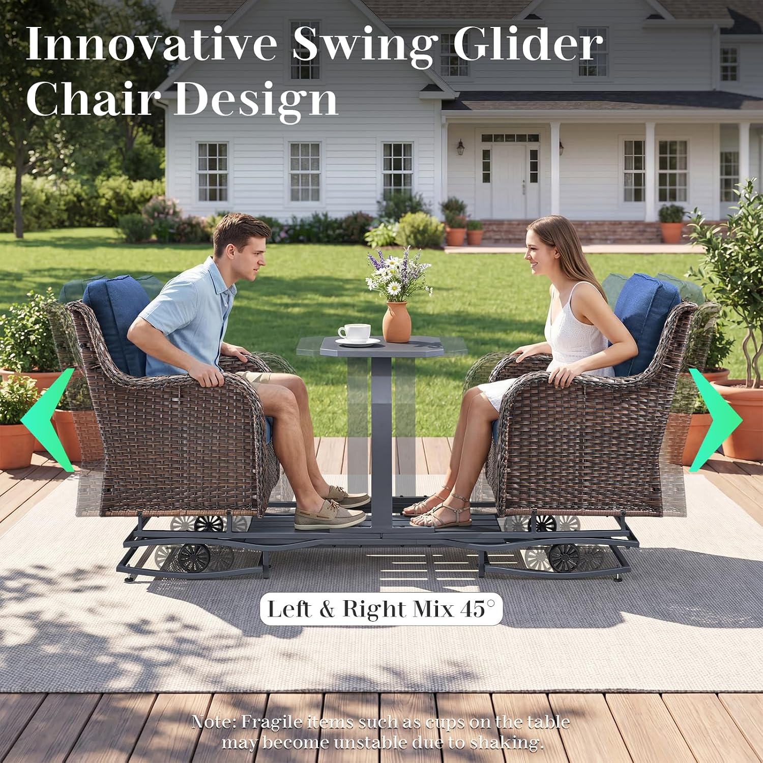 Luxury Outdoor Wicker Glider Rocker Chairs for 4 Person, Outdoor Furniture Sets with 2 Piece Wicker Swivel Rocker Chairs, Rattan Glider Rocker Chairs with Table for 2 Seats Brown/Blue
