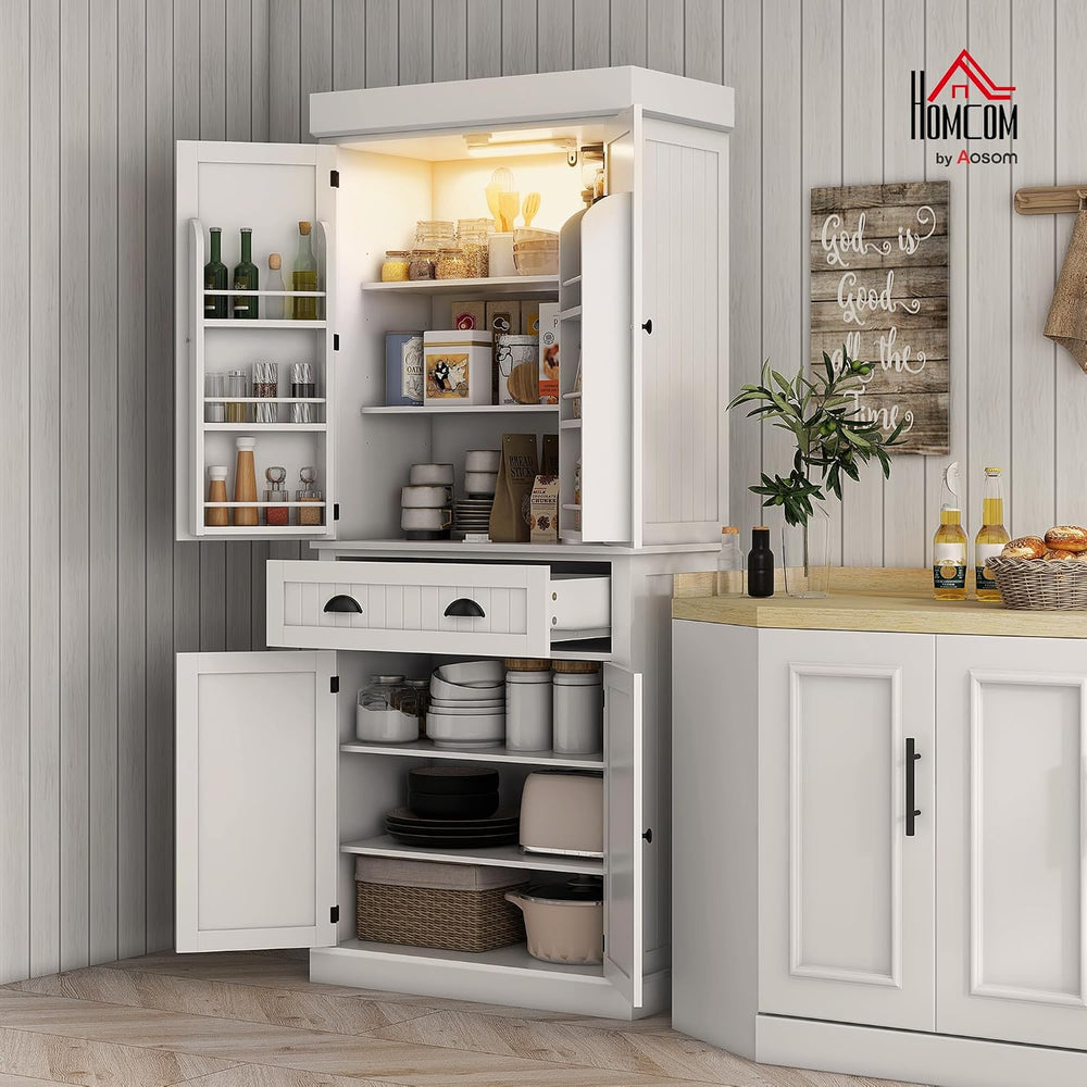 HOMCOM 71" Kitchen Pantry Cabinet LED Motion Sensor Light Drawer White |...