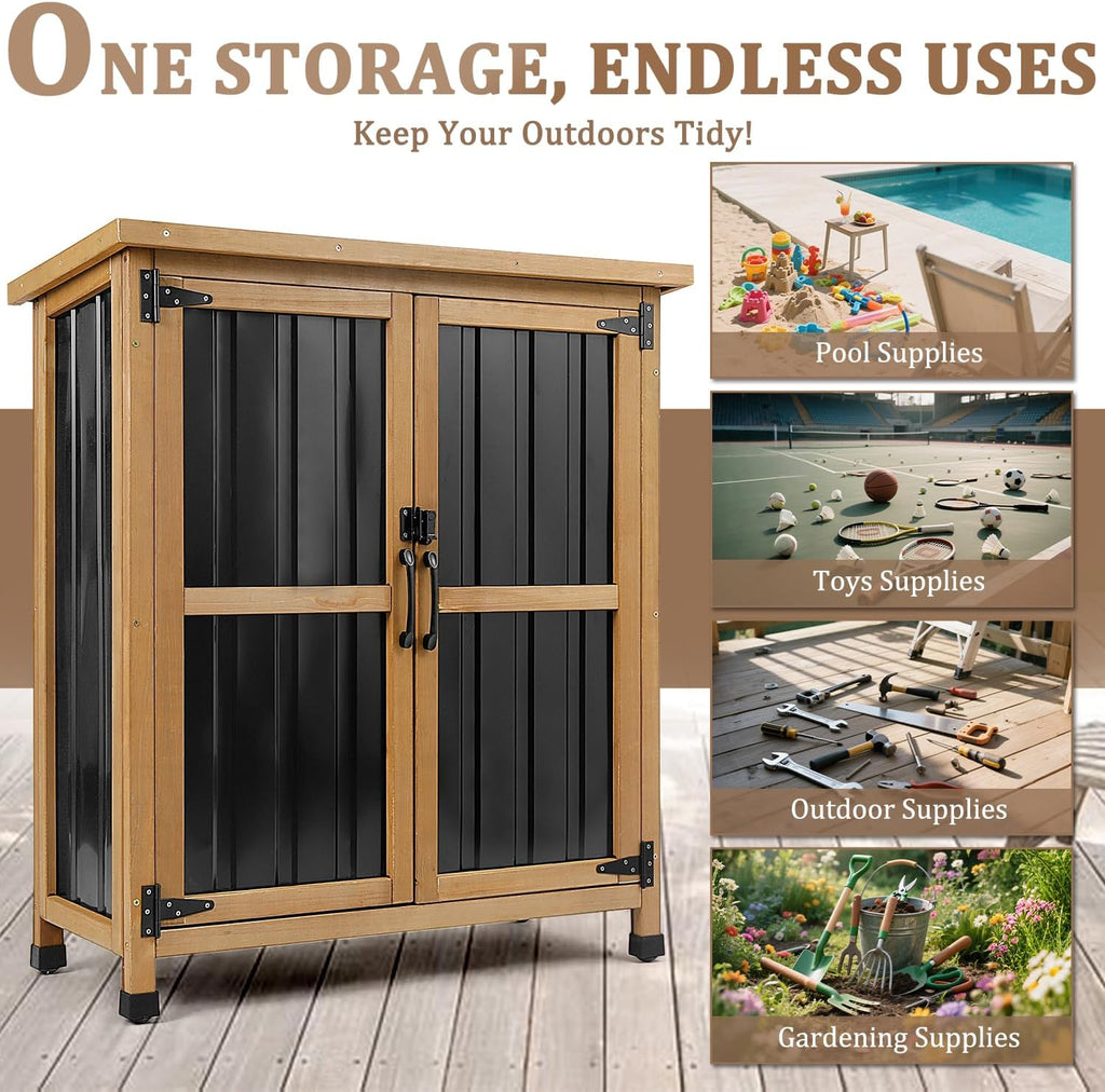 Weatherproof Outdoor Storage Cabinet with Lockable Doors, Wood & Metal Garden Storage Shed Patio Storage Box for Tools & Lawn Equipment, Pool Accessories