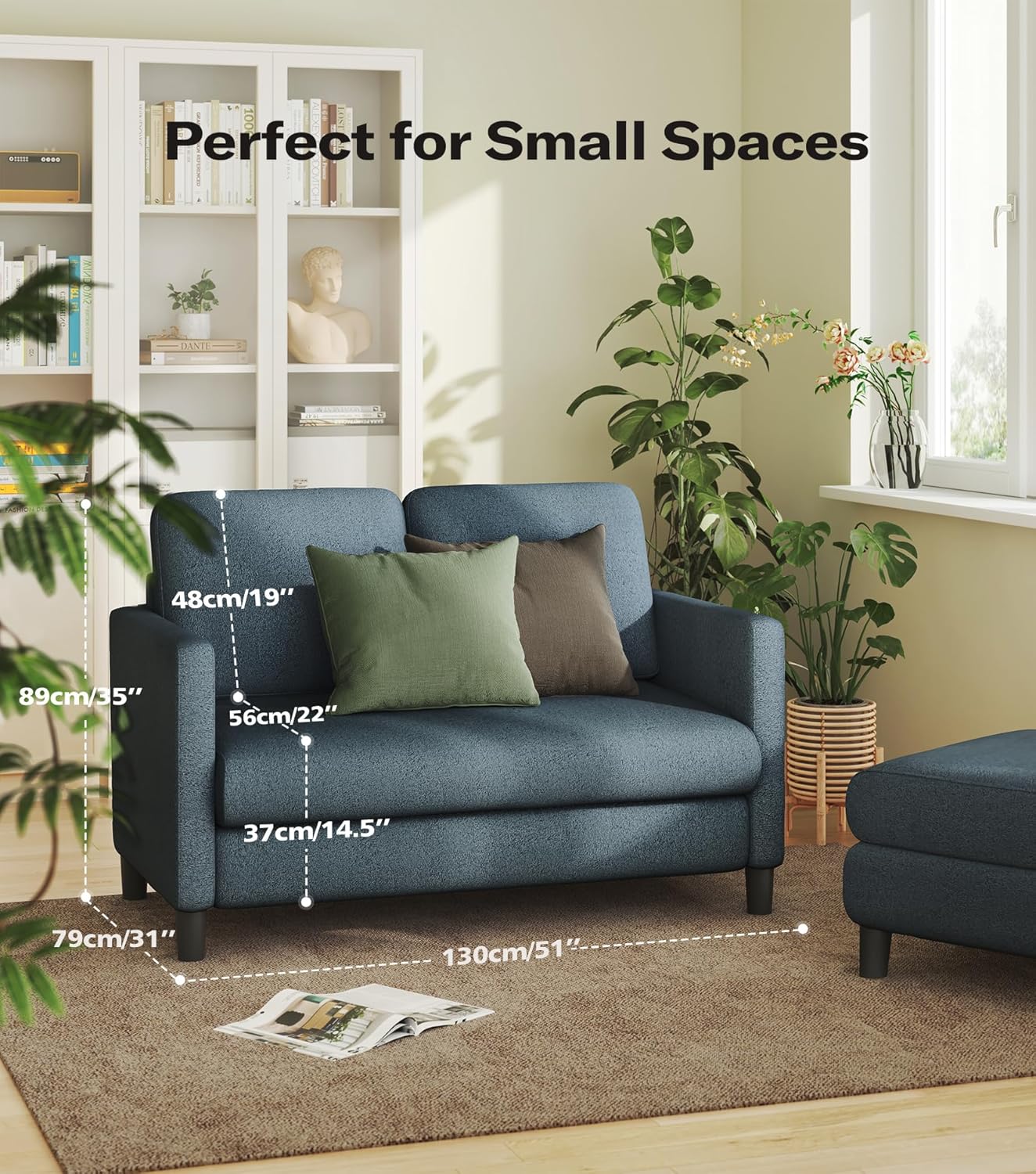 Welzona Loveseat, 51" Small Couch, Comfy Teddy Love Seat for Living Room, Tool-Free Setup Loveseat Sofa for Small Spaces, All-Wood Small Sofa Couch for Bedroom, Blue Grey