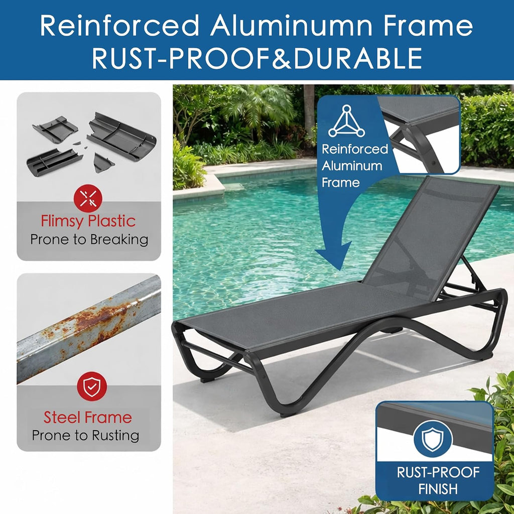 Kozyard 3-Piece Outdoor Chaise Lounge Chair Set, All Aluminum Frame | Textilene Fabric, Fully Flat Adjustable Reclining Patio Lounger for Poolside, Sunbathing & Backyard, Gray, 2Chairs + Table