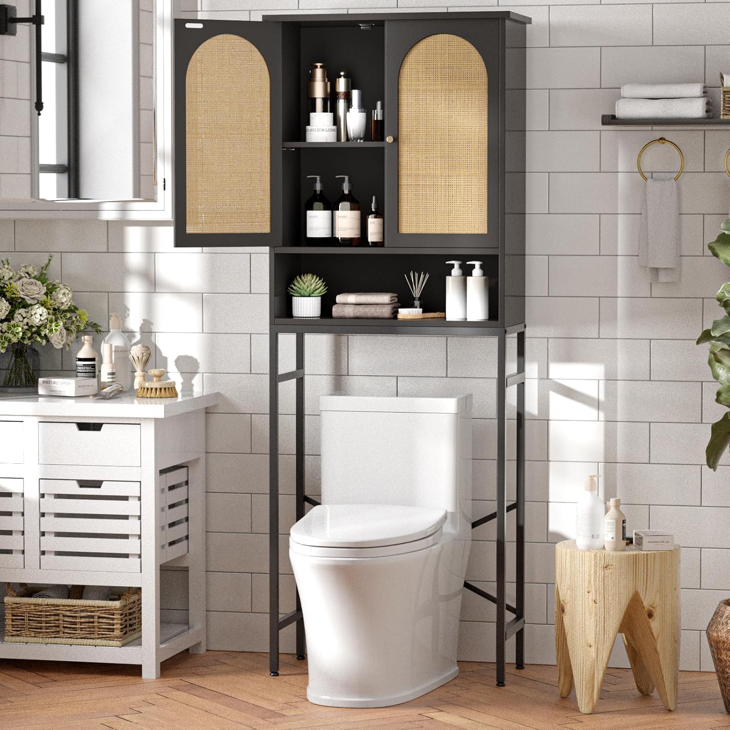 Rattan Toilet Storage Cabinet, Over The Rack Wood Cabinet with Metal Stand, Bathroom Organizer with Adjustable Shelf, Tall Freestanding Washer Shelf, Small Cupboard, Black