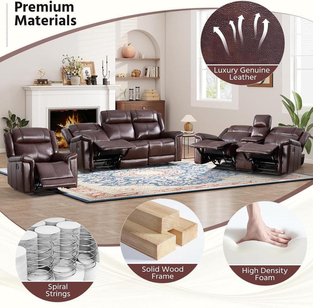 ANJ Premium Genuine Manual Reclining Sofa Set, Included Single Recliner Chair...