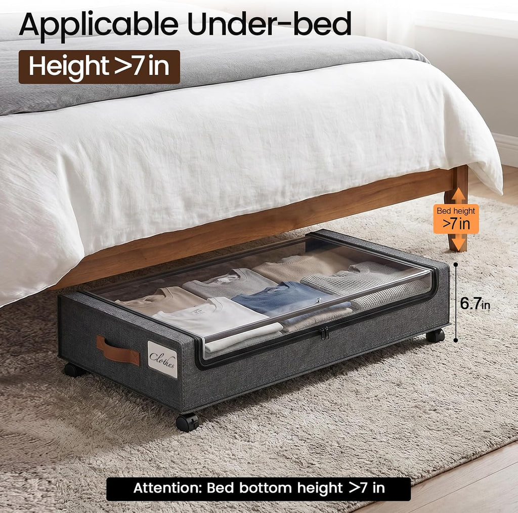 Yecaye 60 L Under Bed Storage with Wheels, 2 Pack Under Bed Storage Containers with Clear Window & Label, Rolling Under bed Shoe Storage organizer for Clothes, Shoes, Hemp Grey