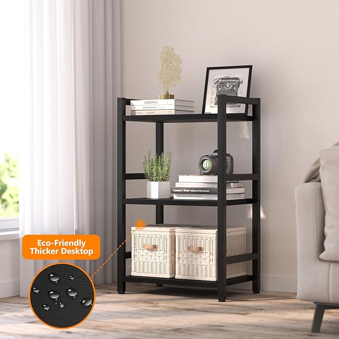 Book Shelf, 3 Tier Bookcase with Steel Frame, Stable Bookshelf Narrow Book Shelves Storage Organizer for Book CD Movie, Open Book Shelves for Living Room, Home Office, Study, Black
