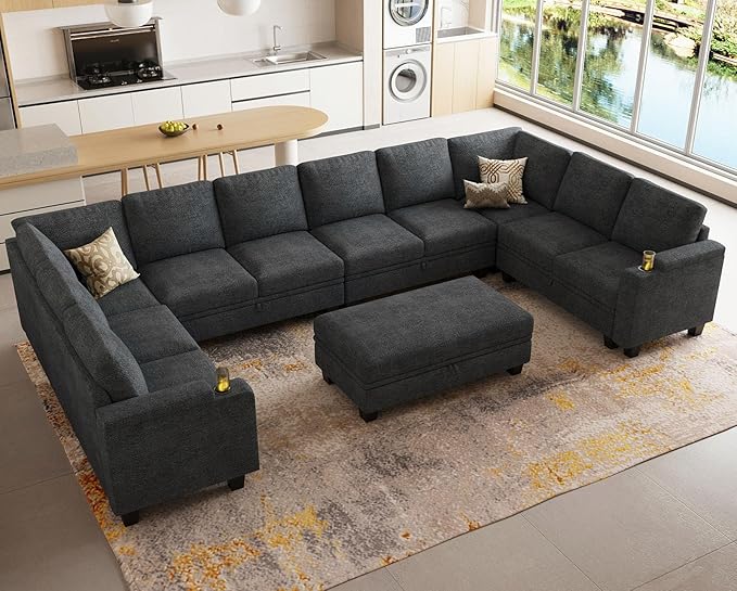 Belffin Oversized U Shaped Modular Sectional Couches for Living Room 10 Seater Modular Sofa Set with Storage Ottoman Large Sectional Couch with Cup Holder. Dark Grey Sofa