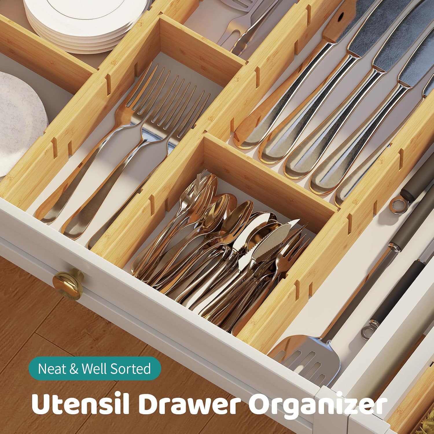 6 Pack Bamboo Drawer Dividers with Inserts, Kitchen Adjustable Drawer Organizers, Expandable Organization for Home, Dressers, 6 Dividers with 12 Inserts