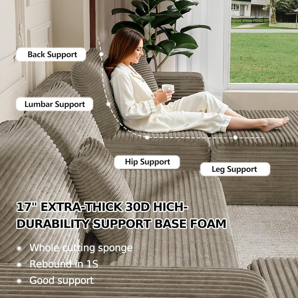 MoonSpeak 133" Sectional Boneless Couch for Living Room,Modern Modular Cloud Couch with Deep Seat,Upholstered Sleeper Sofa with 1 Ottoman,Convertible Folding Couches,No Assembly (Khaki)
