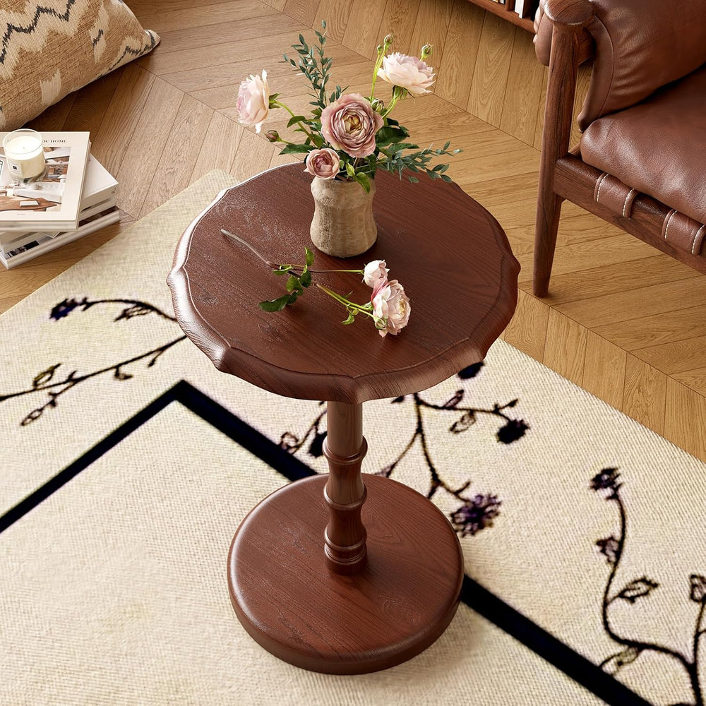 Vintage Pedestal Side Table, 100% Solid Wood Round End Table, Walnut | Small ...