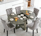 5 Piece Round Extendable Dining Table Set for 4, 43"-59" Grey Wood Oval Expanding Kitchen Table with 4 Velvet Tufted Chairs, Space Saving Extendable Dining Room Tables with Storage Shelf