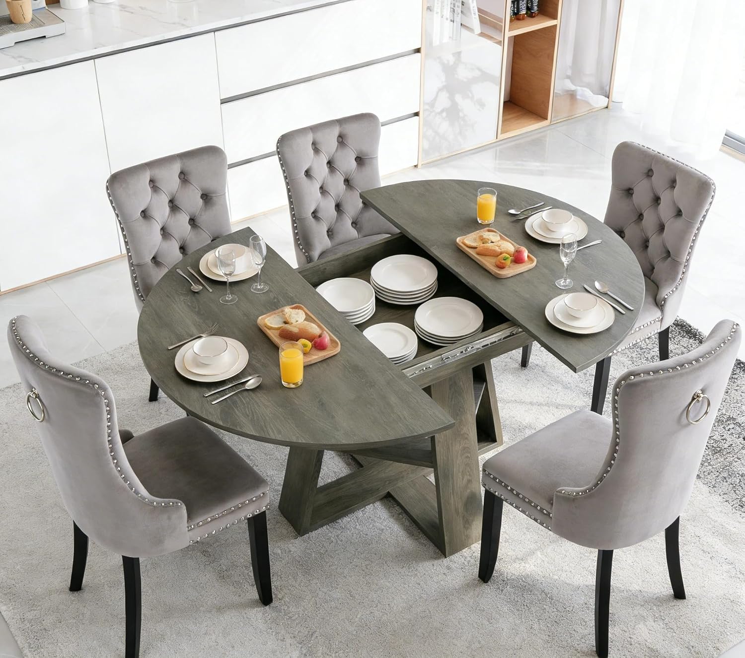 5 Piece Round Extendable Dining Table Set for 4, 43"-59" Grey Wood Oval Expanding Kitchen Table with 4 Velvet Tufted Chairs, Space Saving Extendable Dining Room Tables with Storage Shelf