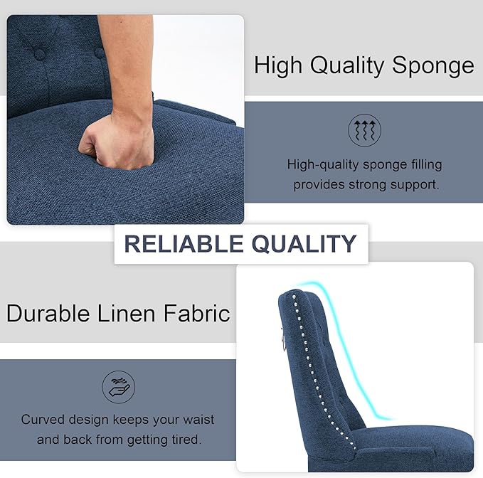 Upholstered Tufted Dining Chairs Set of 6, Fabric Side Dining Room Chairs with Nailhead Back Ring Pull Trim Solid Wood Legs, Dark Blue