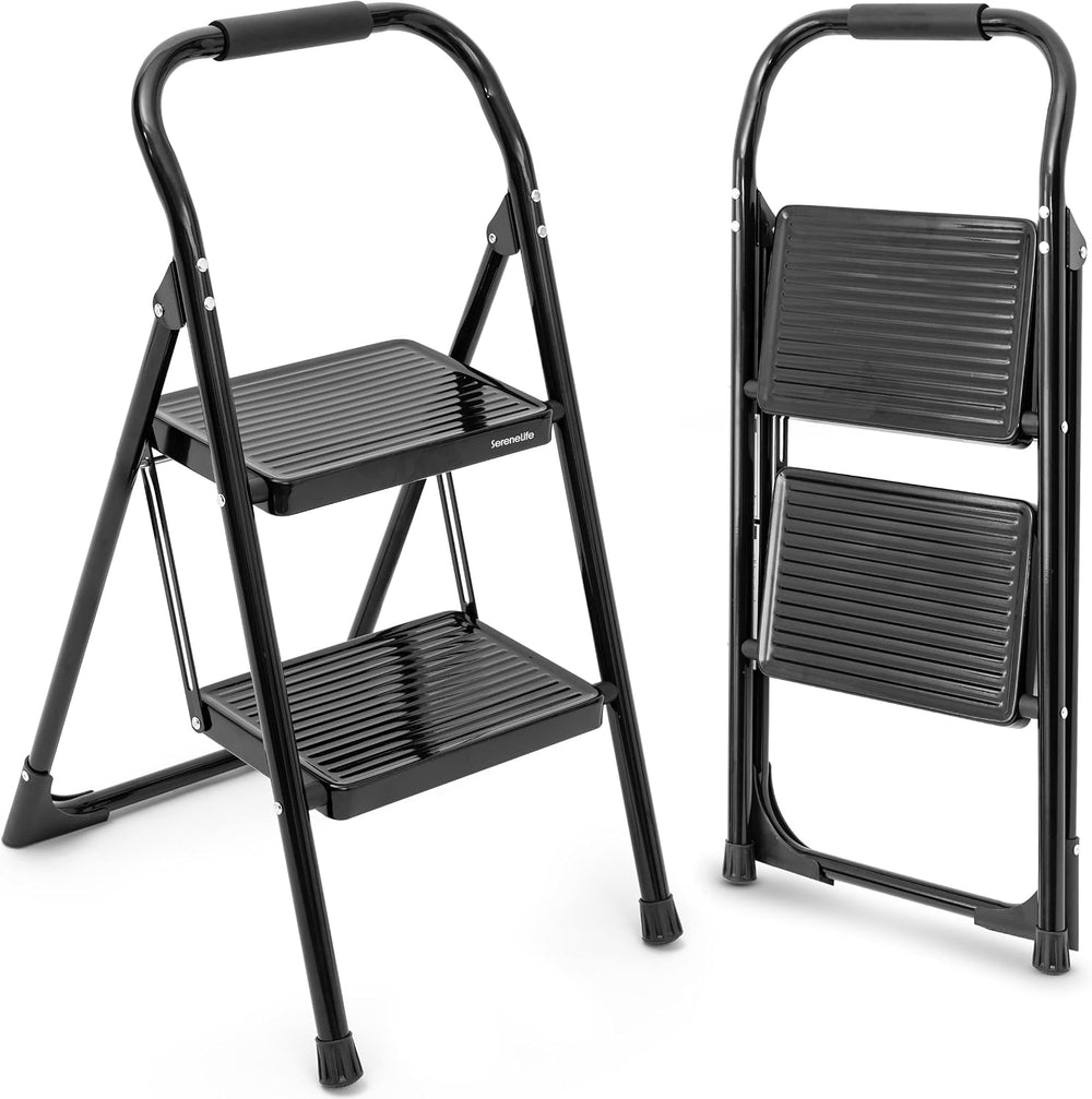 SereneLife 2 Step Ladder, Folding Step Stool for Adults, Heavy Duty, 570 Lb