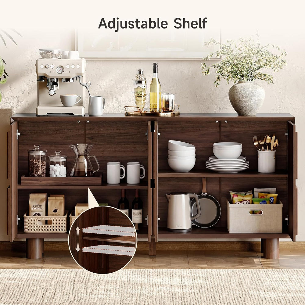 ONBRILL 63 Inch Fluted Buffet Cabinet w/Storage, Push-Spring Doors, Walnut