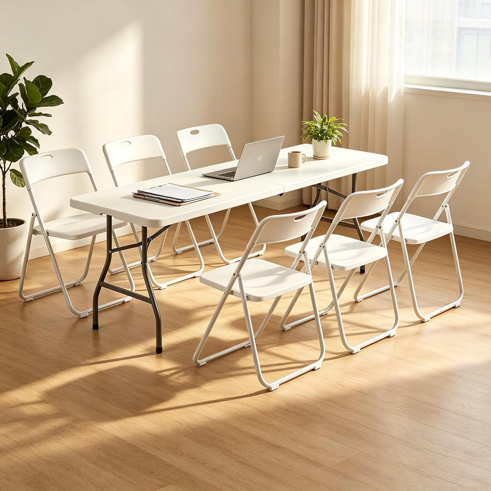 8 FT Plastic Folding Table Chairs Set, 7-Piece Portable Foldable Table and Ch...