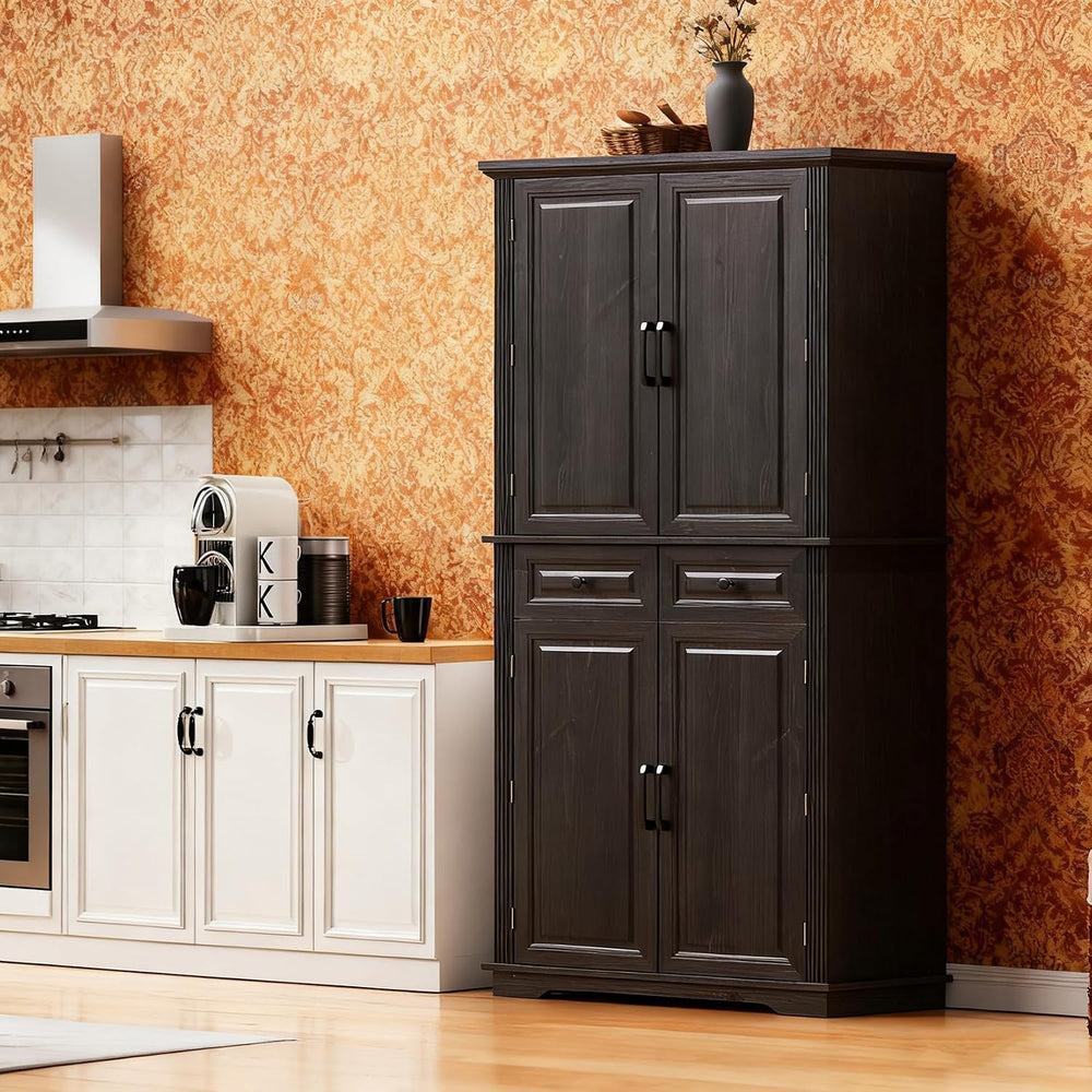 71.2" Tall Kitchen Pantry Cabinet, Farmhouse Wood Pantry with 4 Doors an...
