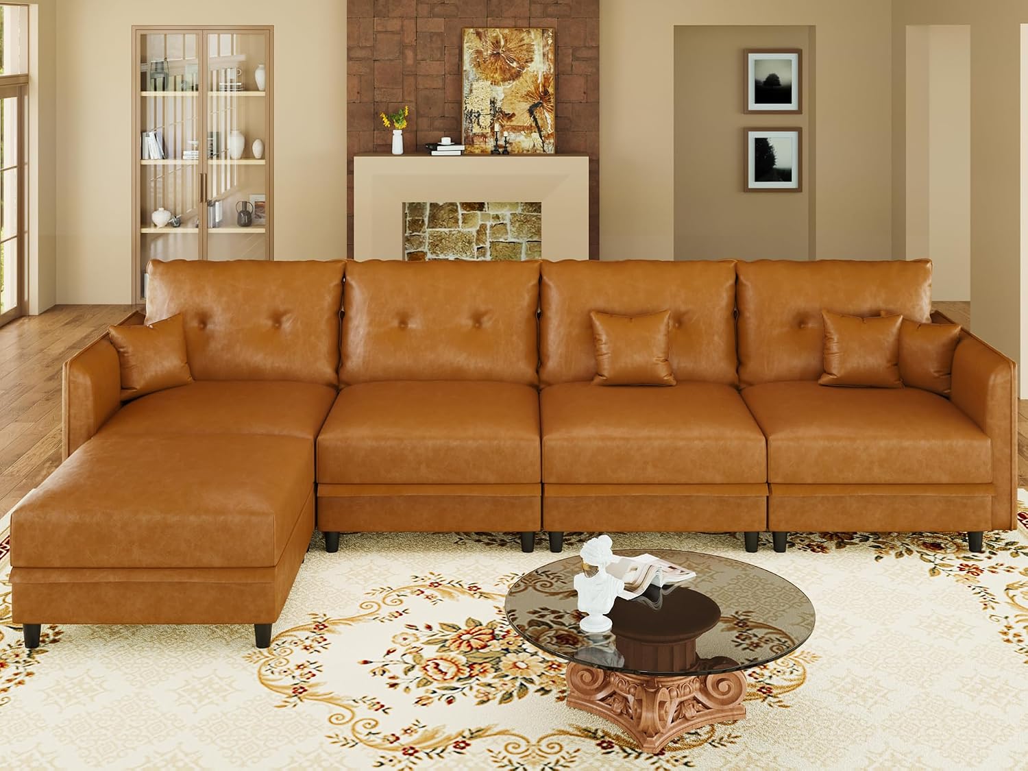 LLappuil 5-Seater L-Shaped Sectional Modular Sofa with Storage, Deep Seat Faux Leather Couches for Living Room, Waterproof & Scratch Resistant, Cognac Tan