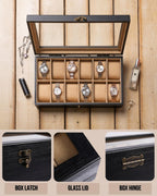 Watch Box, Watch Case for Men Women with Large Glass Lid, Wooden Watch Display Storage Box with 12 - Slots, Charcoal Black Mens Watch Box Organizer