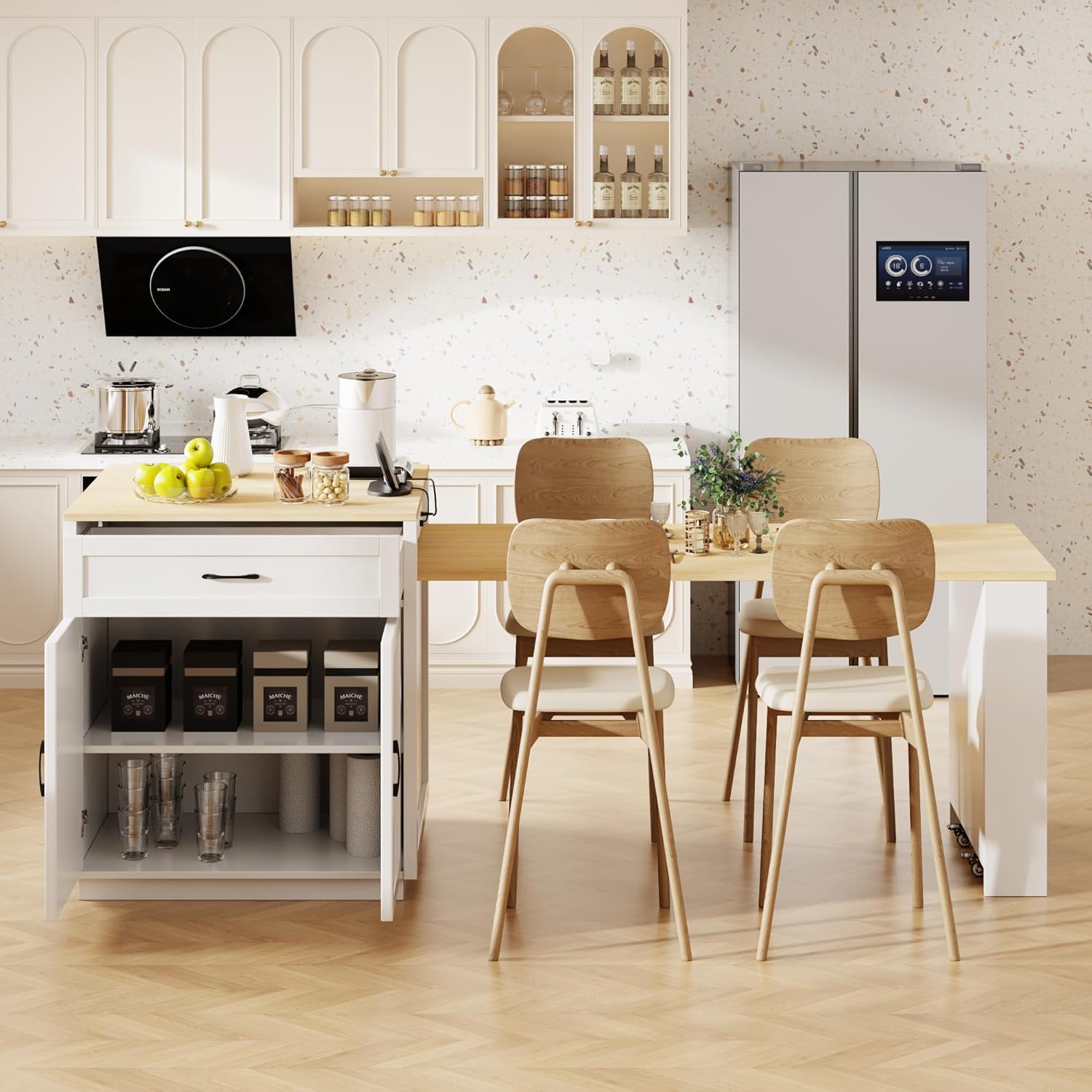 82.7" Kitchen Island with Extendable Dining Table, Faux Mable Table with Double-Sized Storage, Power Outlet, 2 Drawers, 2 Side Open Shelves for 4-6 Kitchen, Dining Room, White