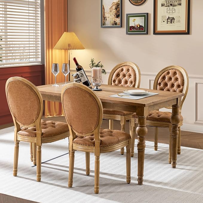 PU Leather Upholstered Dining Chairs Set of 4 French Country Round Back Kitchen Side Chairs with Nailhead Trim and Wood Legs for Dining Room, Kitchen, Restaurant(Orange)