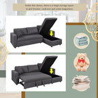 87.4 Inch L Shape Sleeper Sectional Sofa with Storage Chaise, Pull Out Bed and 2 Tossing Cushions, Upholstered Corner Couch for Living Room, Apartment, Home Furniture, Gray