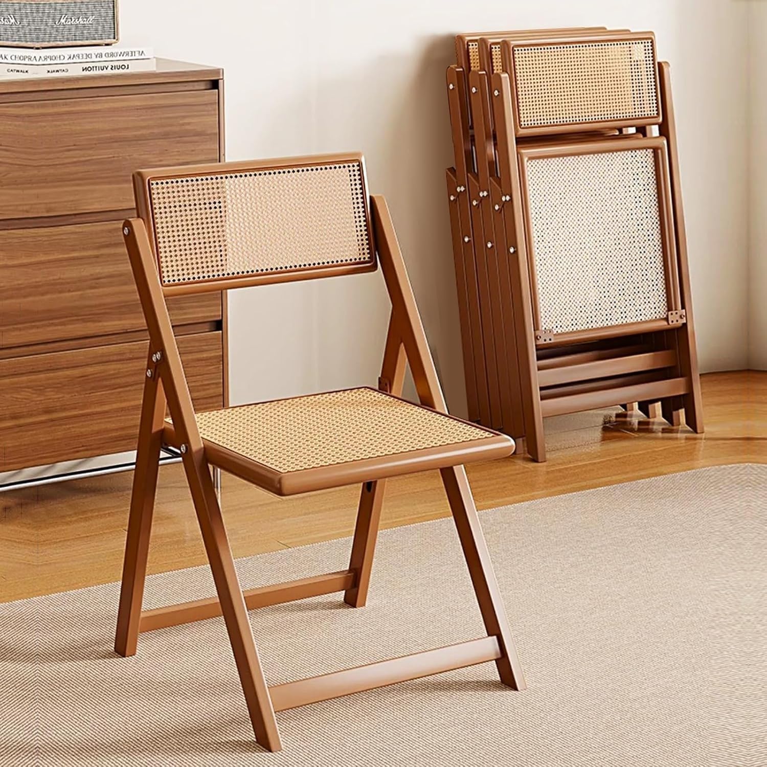 PE Rattan Folding Dining Chairs Set of 2, Modern Mid Century Dining Outdoor Bamboo Chairs for Bedroom,