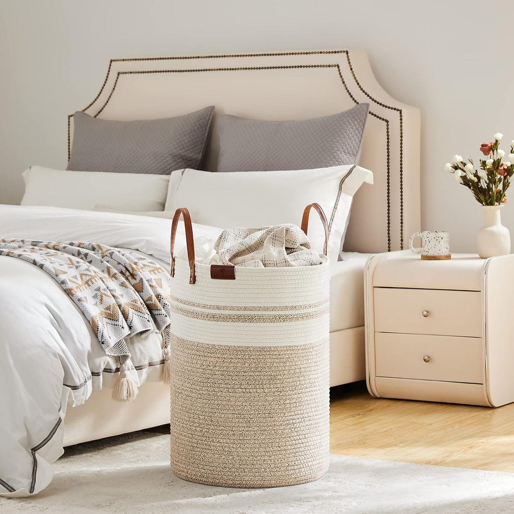VIPOSCO Tall Laundry Basket, Large Dirty Clothes Hamper with Leather Handle, Woven Rope Storage Basket for Blanket, Toy In Living Room, Bathroom, Bedroom - 72L Brown & White