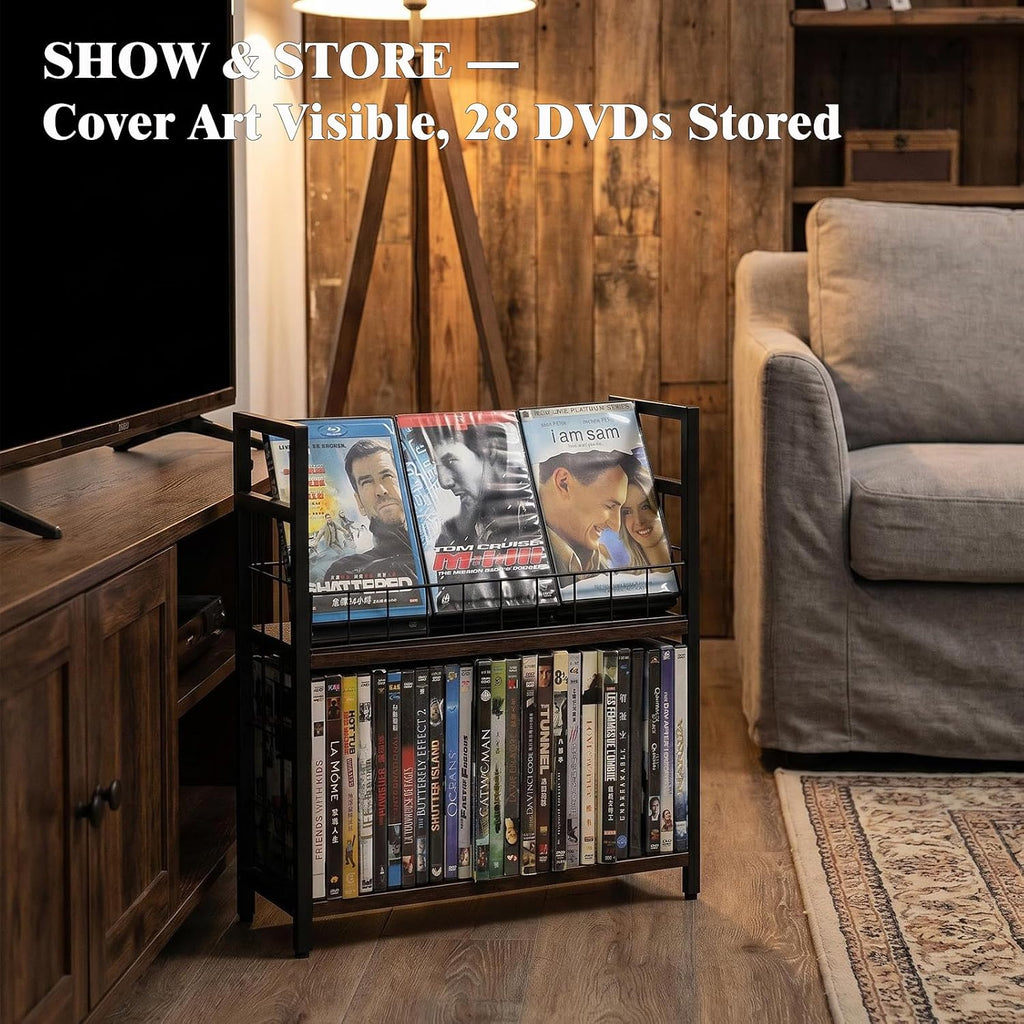 2-Tier DVD Storage Rack & CD Display Shelf, Holds 56 DVD Cases, Stackable Metal Media Organizer Tower for Blu Ray, Video Games, VHS Tapes