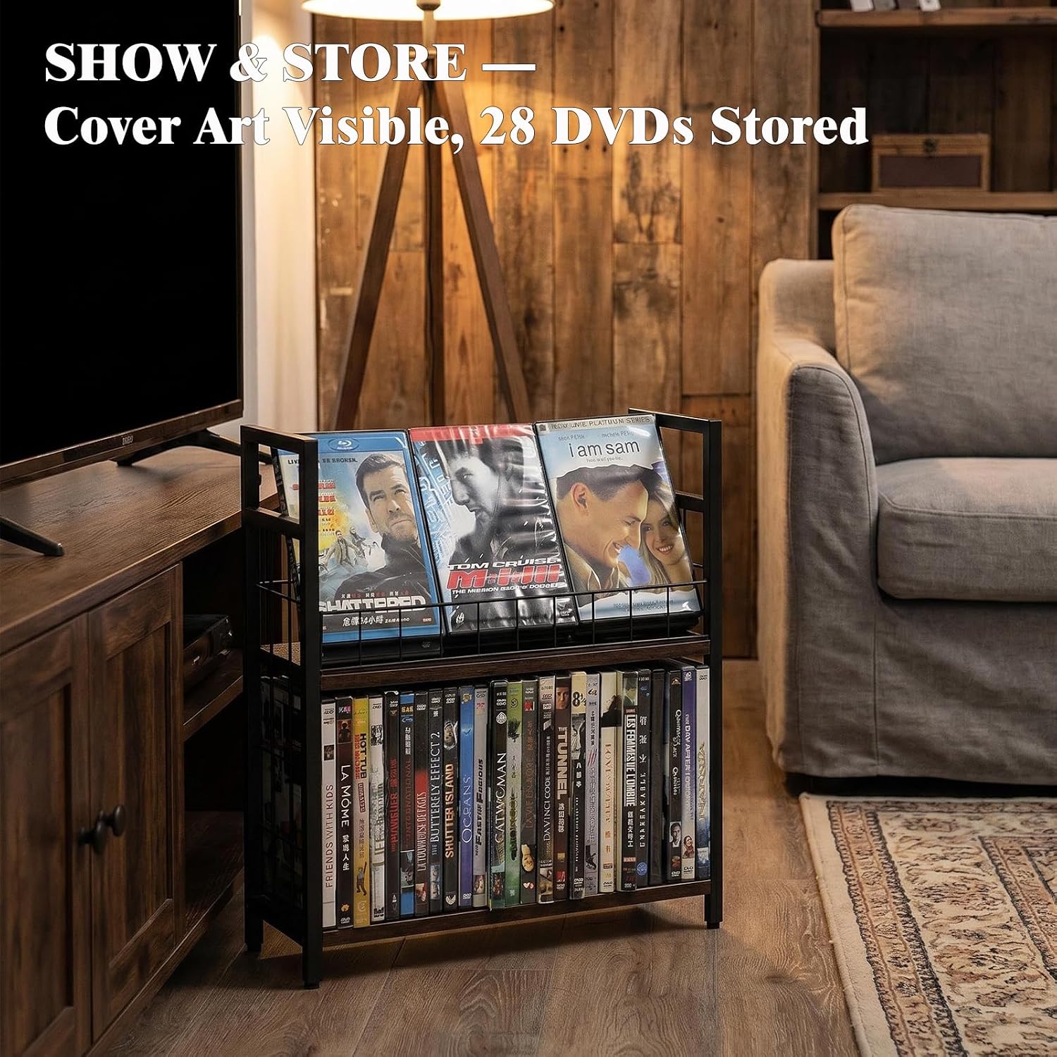 2-Tier DVD Storage Rack & CD Display Shelf, Holds 56 DVD Cases, Stackable Metal Media Organizer Tower for Blu Ray, Video Games, VHS Tapes