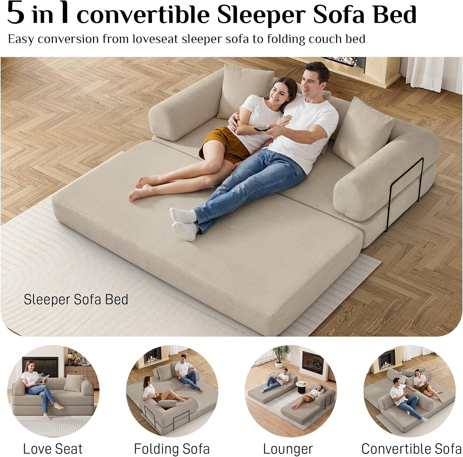 DAMAIFROM Convertible Sleeper Sofa Bed Floor Boneless Couch, Light Brown | 80" Corduroy Modular Compressed Futon Sofa Bed, Pull-Out Cloud Loveseat with Memory Foam Mattress for Living Room