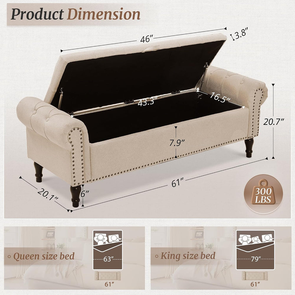 Cozyman Storage Bench Ottoman, 61" Long King Linen Rolled Arm Bedroom En...