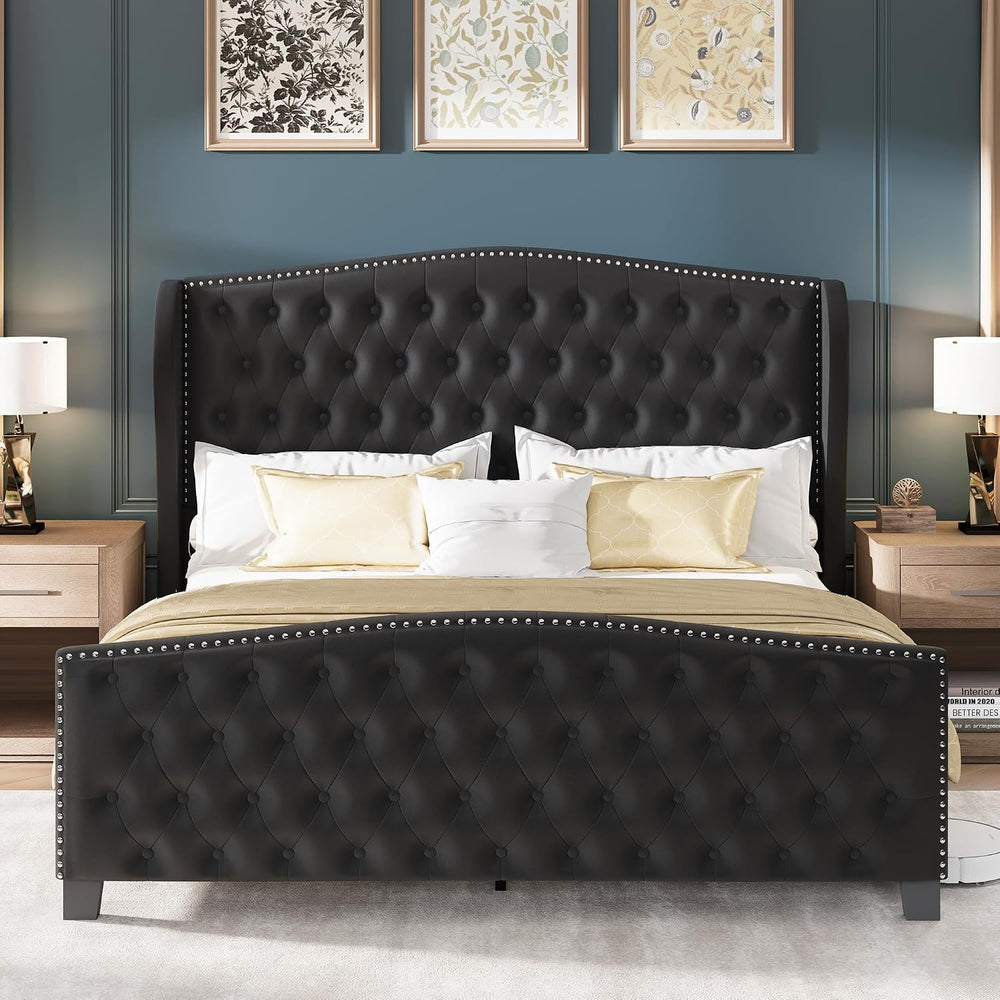 LARMACE King Size Bed Frame Velvet Upholstered Platform Bed with Wingback Hea...