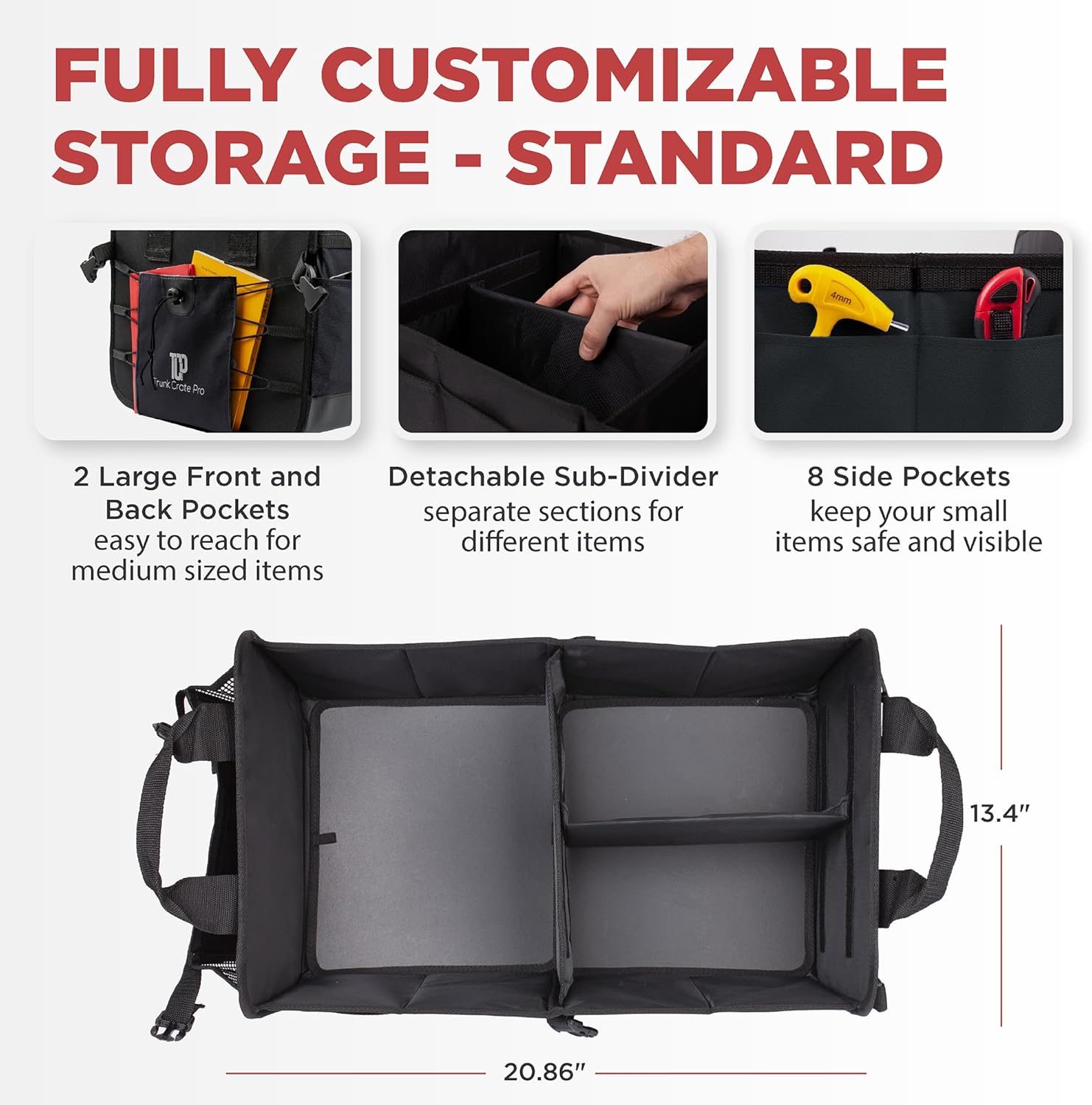 TRUNKCRATEPRO Car Organizers and Storage Premium Adjustable Multi Compartments Car Storage Organizer | Portable and Foldable SUV Trunk Organizer for Car (Standard Size, 20.86"L x 13.4"W x 10"H )-Black