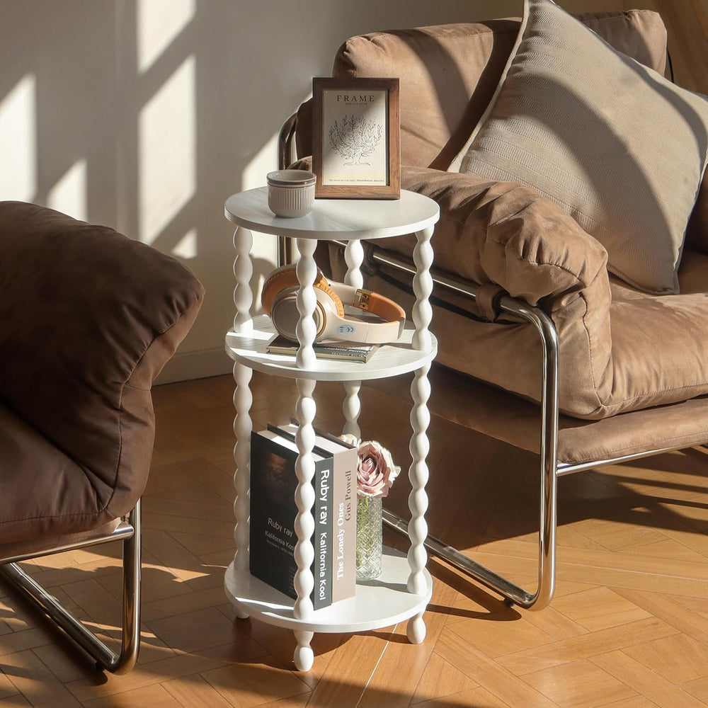 AWASEN Small Round Side Table, White End Table with 3-Tier Open Shelf for Sma...