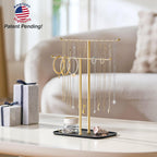 pickpiff Necklace Holder Jewelry Organizer Stand – 2‑Tier T‑Bar Jewelry Display Tree with Tray for Countertop Necklace Bracelet Earring Storage, Vanity Dresser Bathroom Sink, Black-Gold