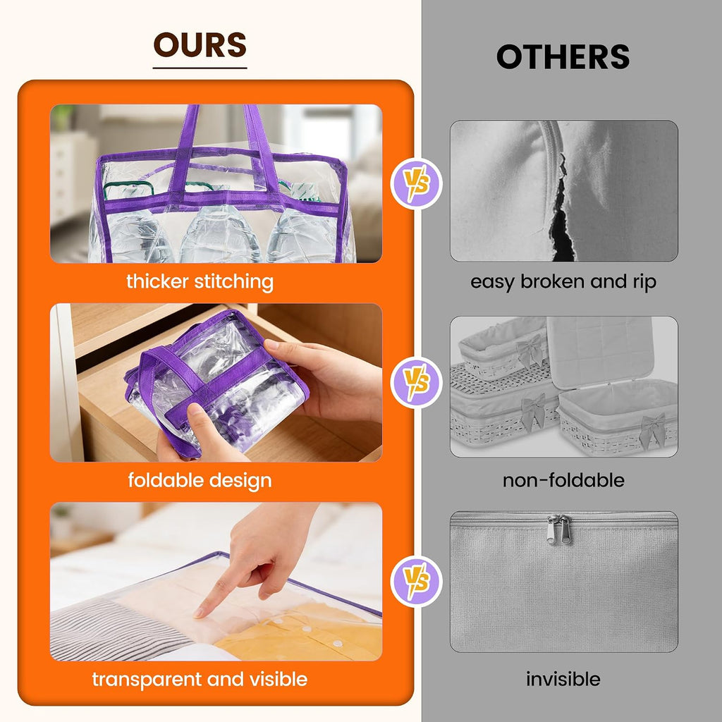 8 Pack Clear Clothes Storage Bags, Double Zipper Design 40L Underbed Moving Bags for Blankets and Clothes, Large Capacity Closet Organizers and Storage for Dormitory, Bedroom, Closet-Purple