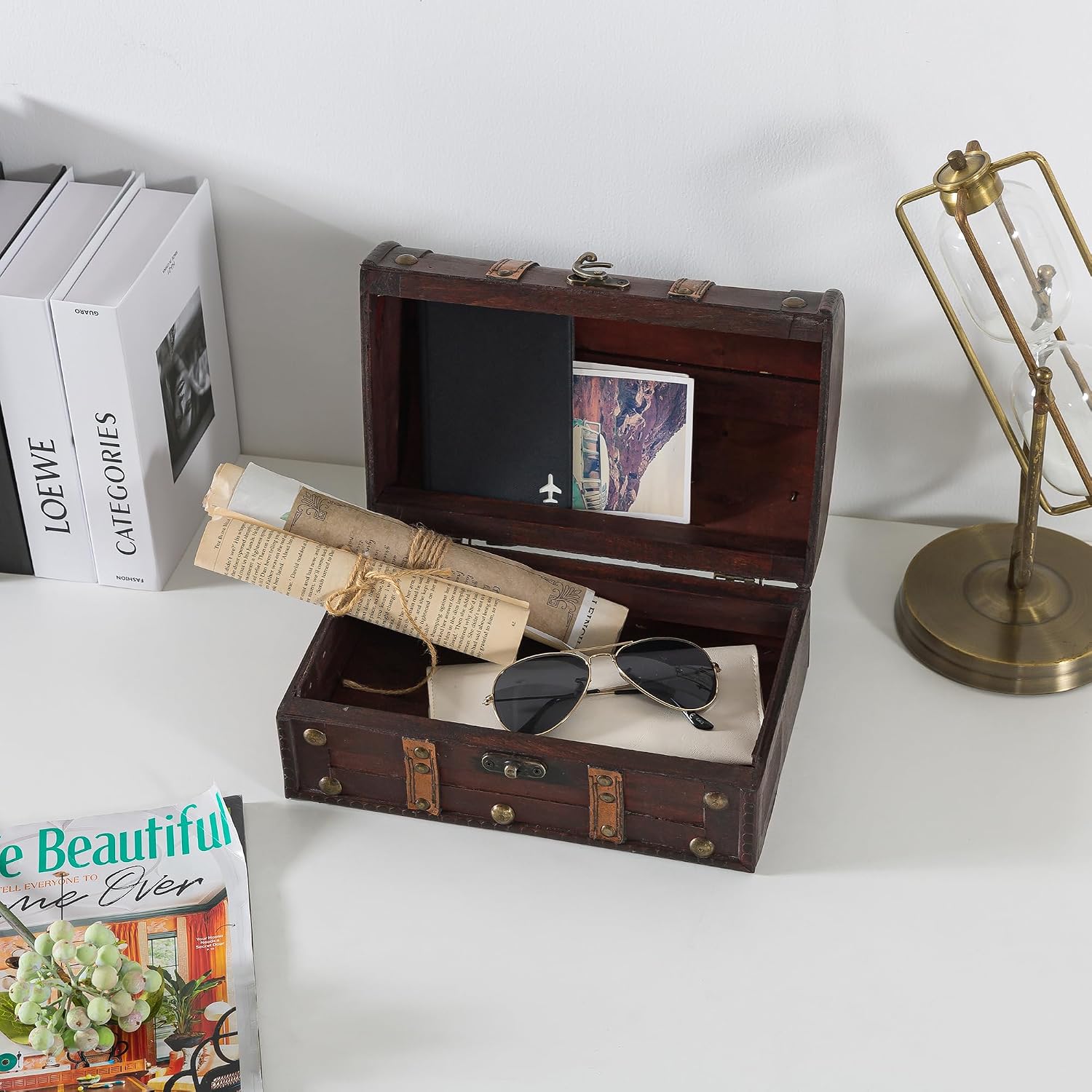 SLPR - Small Wooden Storage Box with Hinged Lid and Handle, 11x7x5.7 In | Vintage Suitcase Style Treasure Chest for Keepsakes, Decorative Wood Case with Latch, Antique Travel Trunk Box Decor